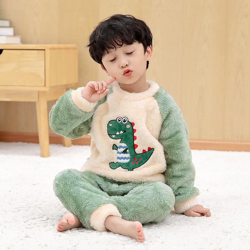 全棉纯棉男童珊瑚绒睡衣秋冬儿童卡通家居服保暖套装男宝加厚法兰