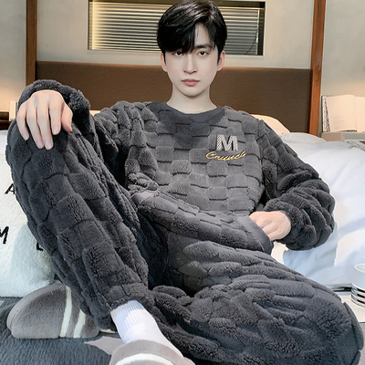 全棉纯棉睡衣男士春秋冬季2025新款加绒加厚珊瑚绒青少年男生家居