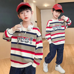 男孩休闲慵懒风宽松条纹字母卫衣男童春长袖圆领套头外穿T恤上衣