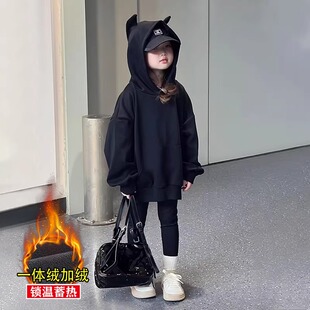 女童韩版慵懒风连帽加绒卫衣女孩秋冬宽松中长款黑色百搭休闲上衣