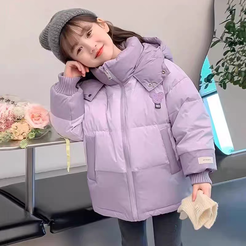 女童加绒加厚拼色羽绒棉立领棉服小女孩冬装棉衣中大童连帽棉袄潮