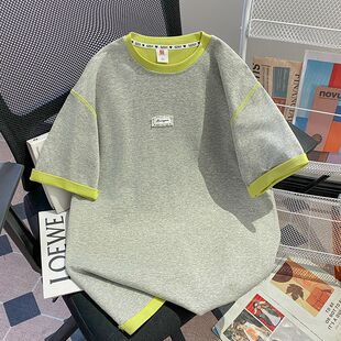 男女大童撞色短袖圆领t恤2026夏季初中生新款百搭拼色宽松上衣