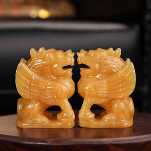 天然黄玉麒麟摆件玉石麒麟一对家居客厅办公室玄关装饰品乔迁送礼