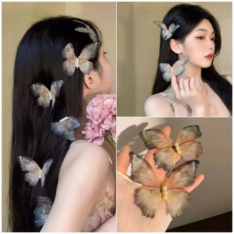 薄如蝉翼电子蝴蝶发夹发饰超仙森系复古网纱自拍装饰甜妹头饰发卡 - 实物图