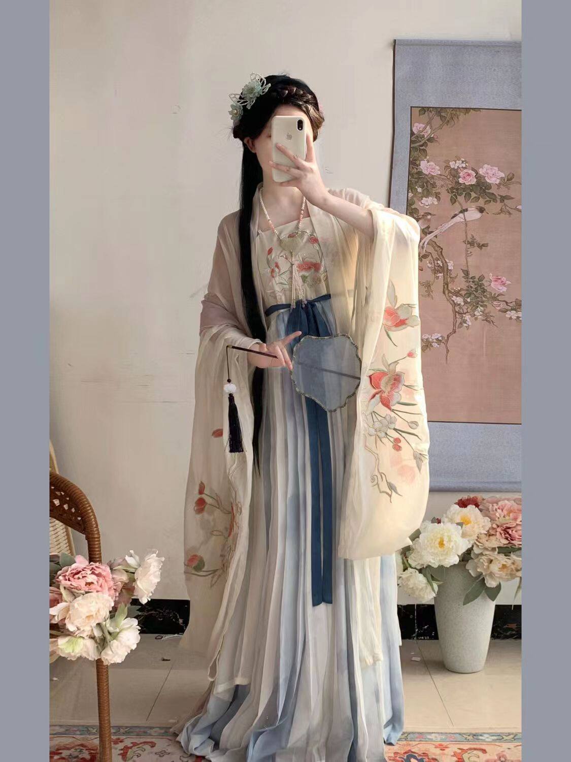 새로운 중국 스타일 오리지널 HANFU [TAOXI] 중공업 자수 대형 소매 셔츠 TANG MADE MYROBALAN 스커트 매일 봄 여름 스타일