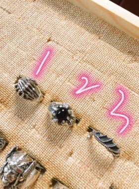 手工骷髅纯银石榴石男士戒指