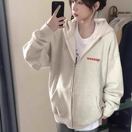 新款拉链卫衣女秋冬加绒加厚宽松设计感小众小个子外套高级感正肩