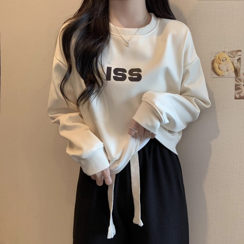 新款韩式休闲风圆领无帽卫衣女宽松慵懒风短款小个子显瘦上衣加绒