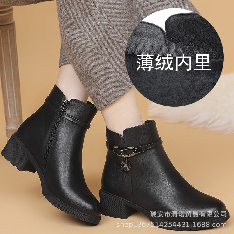 头层牛皮女鞋粗跟真皮短靴