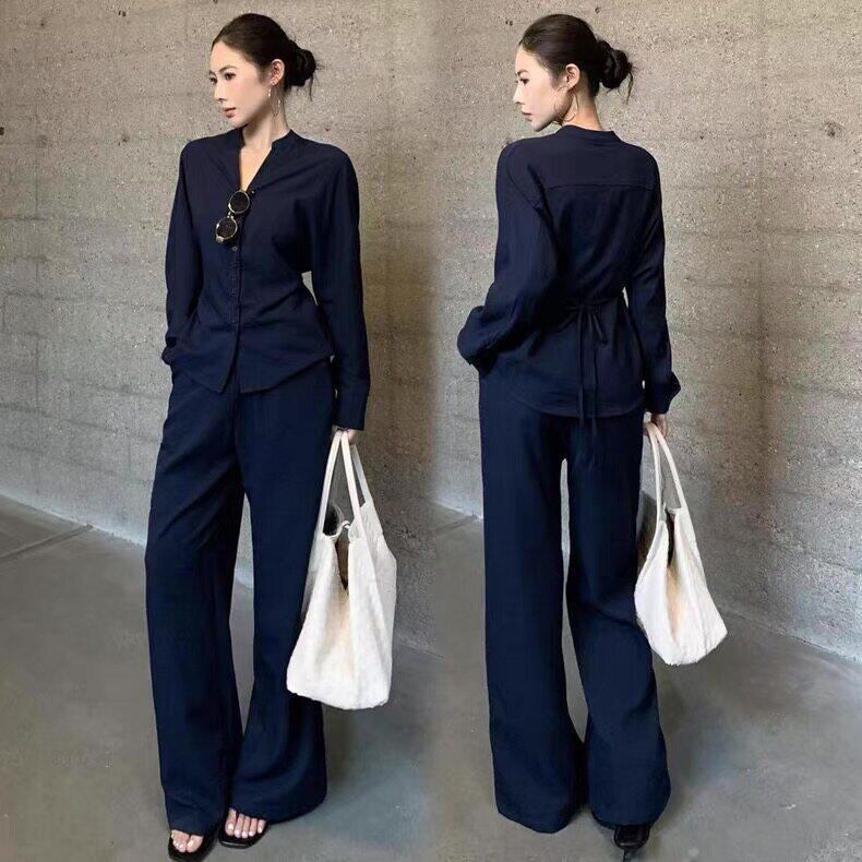 2026春装老钱风套装女春季长袖衬衫阔腿裤两件套显瘦时髦女装