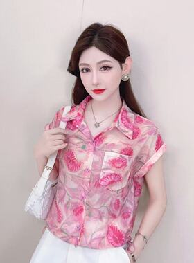 休闲风碎花雪纺衬衫女短袖翻领通勤百搭遮肉显瘦上衣