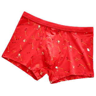 杜比骑士男士大红色内裤全棉质金元宝烫金印花结婚中国红男裤马年