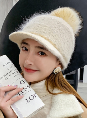兔毛女潮百搭秋冬针织鸭舌帽帽子