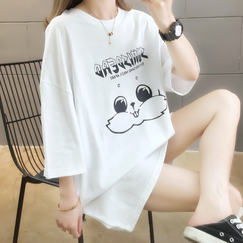 Real print medium length round neck loose short sleeve T-shirt