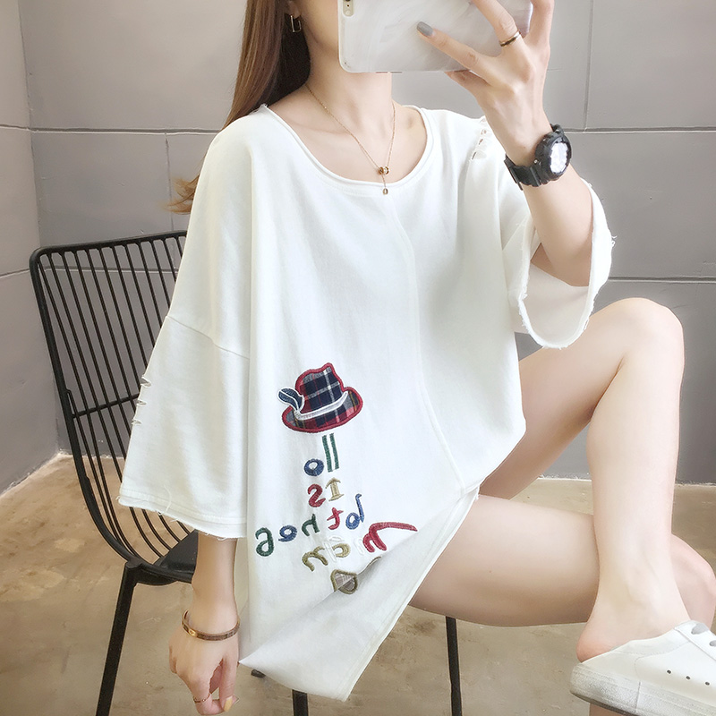 Real summer new cotton stitching embroidery pocket round neck short sleeve T-shirt