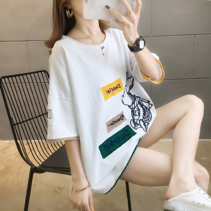 100% cotton 2021 summer cotton embroidered letter loose large color matching round neck short sleeve T-shirt