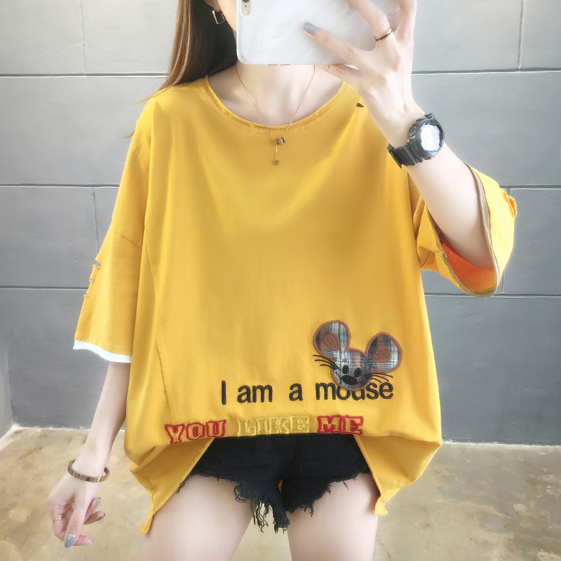 Summer new loose large front and back embroidery color matching round neck short sleeve T-shirt