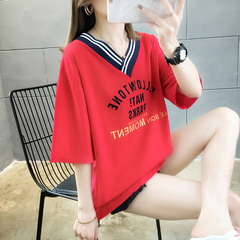 Real shooting summer new collar short sleeve T-shirt women's pull frame