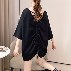 Real shot summer new back cut elastic drawstring short sleeve round neck T-shirt