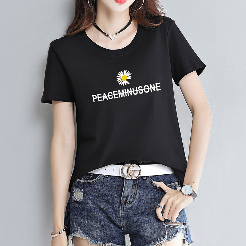 Cotton loose black and white daisy short sleeve T-shirt