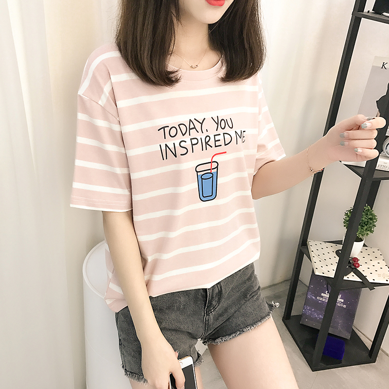 Cotton spandex Summer Cotton letter printed black and white stripe short sleeve shirt