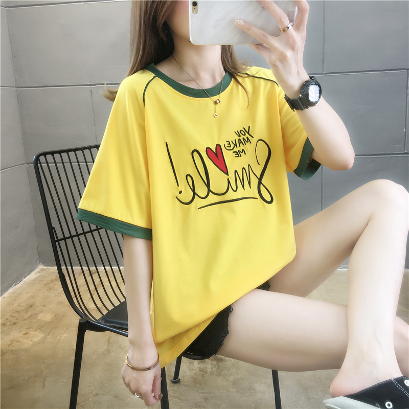 Real shooting summer new design top large size loose fat mm embroidered letter short sleeve t-shirt female Korean version
