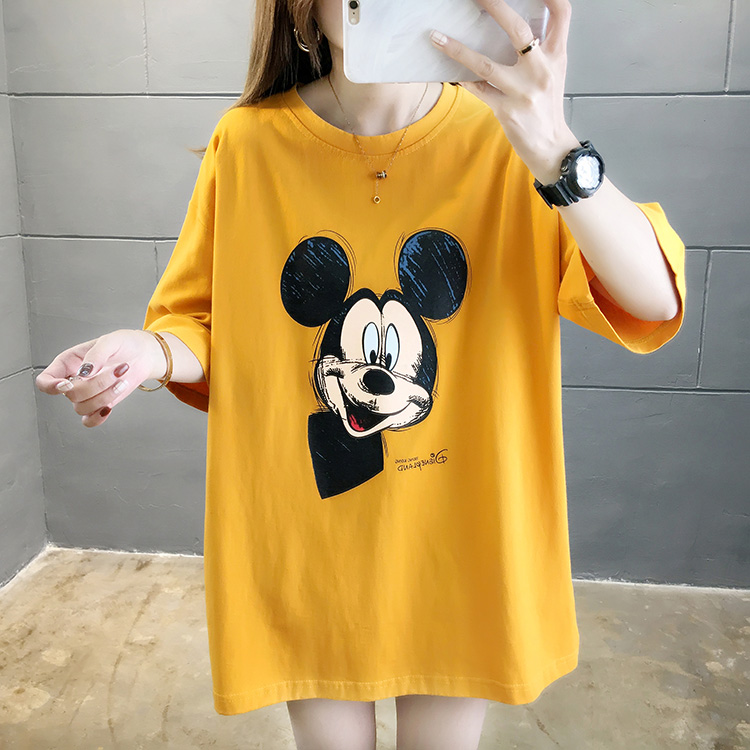 Real shot cotton summer cotton loose size medium length Mickey Mouse short sleeve T-shirt