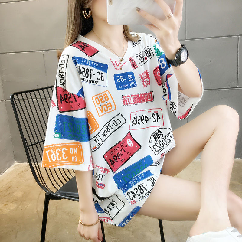 Real shooting summer new loose large collar medium length short sleeve T-shirt pull frame
