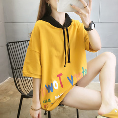 Summer loose hooded Cotton Short Sleeve Sweater color matching top student T-shirt