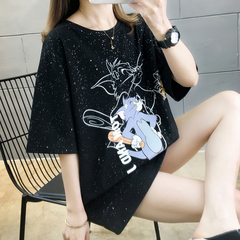 Real print medium length round neck loose short sleeve T-shirt