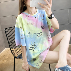 夏季網紅漸變中長款圓領短袖恤
