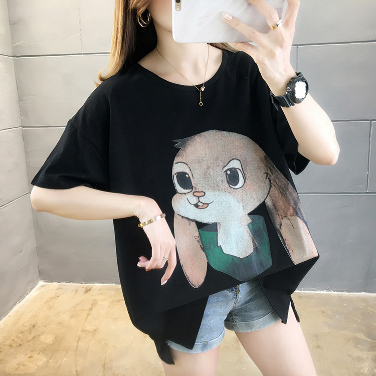 Real shot cotton summer cotton loose size medium length round neck short sleeve T-shirt