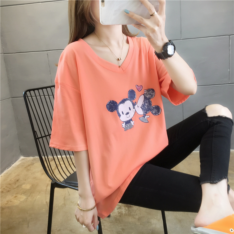 Real shot pure cotton V-neck short sleeve t-shirt female cartoon top large loose fat mm top summer dress