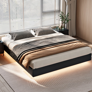 无床头悬浮床意式极简全实木真皮床轻奢主卧现代简约无靠背床架