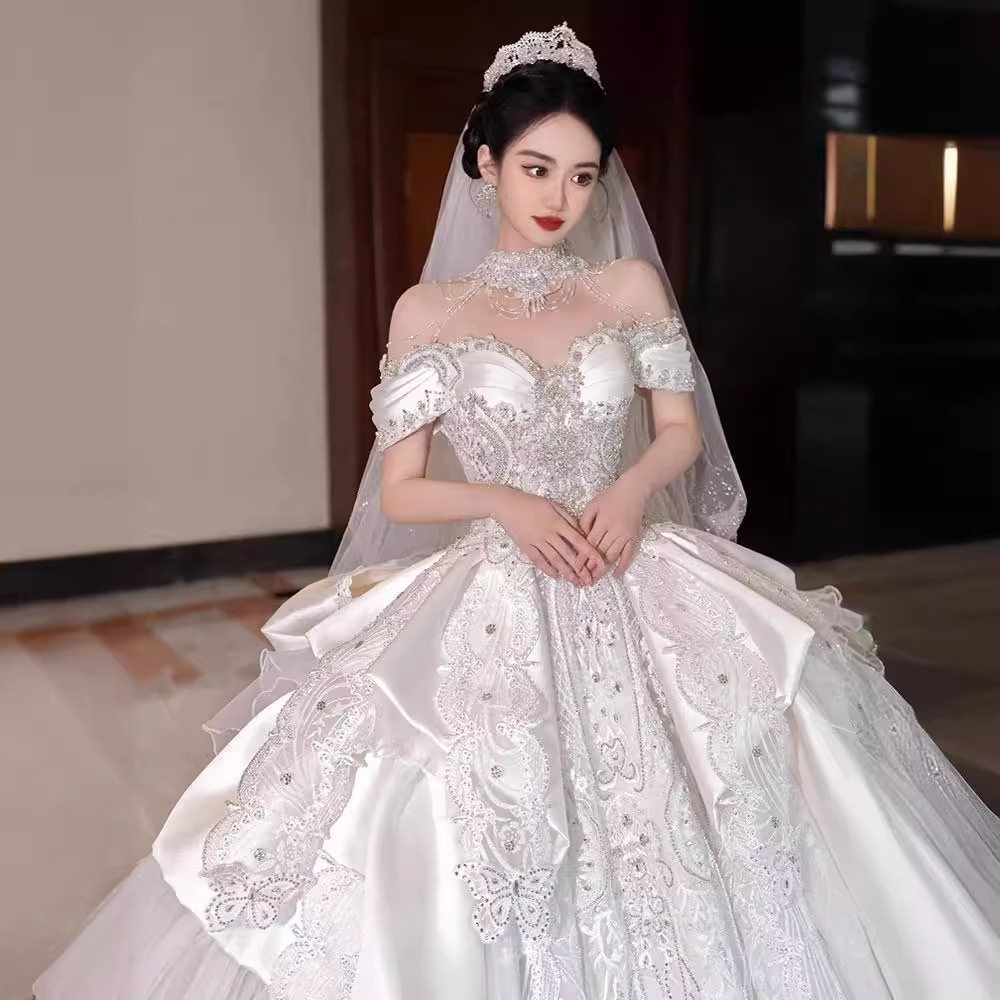 一字肩缎面婚纱2025新娘新款主纱高级质感法式重工奢华高定长拖尾,女装/女士精品,婚纱,淘宝优惠券,粉丝福利购,淘宝优惠卷