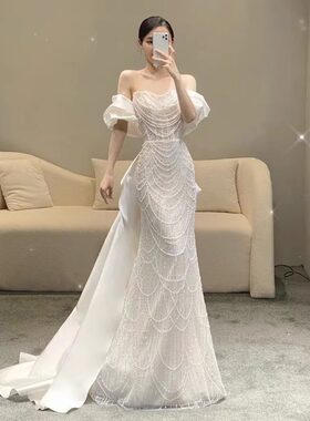 抹胸珍珠礼服高端新娘鱼尾重工婚纱名媛轻奢小众亮片年会晚礼服冬