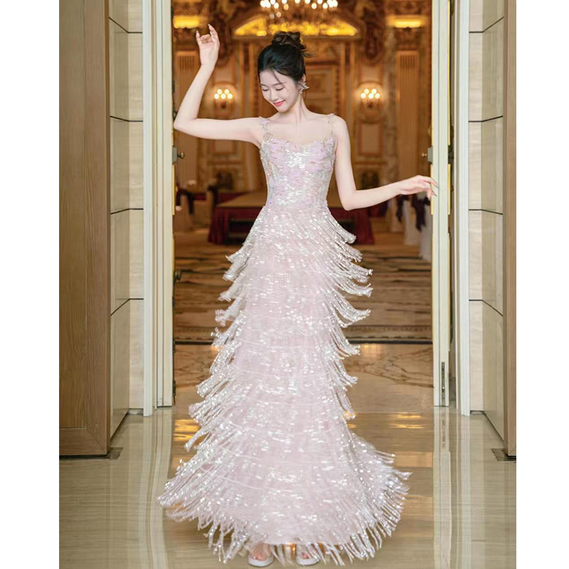 晚礼服女2025新款高级感流苏新娘订婚礼裙高端轻奢小众吊带敬酒