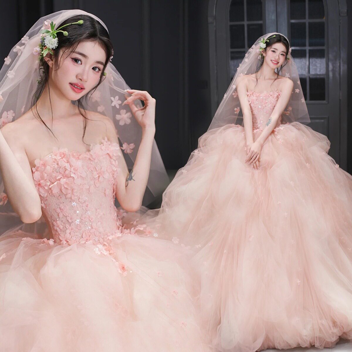 粉色礼服公主裙2025新娘结婚敬酒服宴会演出成人主持人婚纱