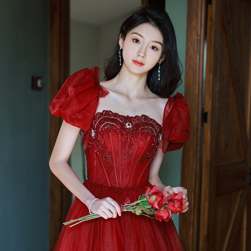 敬酒服新娘2024新款春夏红色订婚礼服裙重手工回门服小个子晚礼服