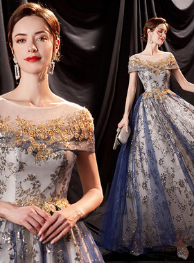 蓝色晚宴年会走秀礼服2024春季主持人独唱演出婚纱气场女王晚礼服