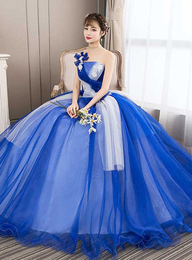 2025秋冬新款蓝色舞台演出服蓬蓬裙摄影写真单肩晚礼服彩纱