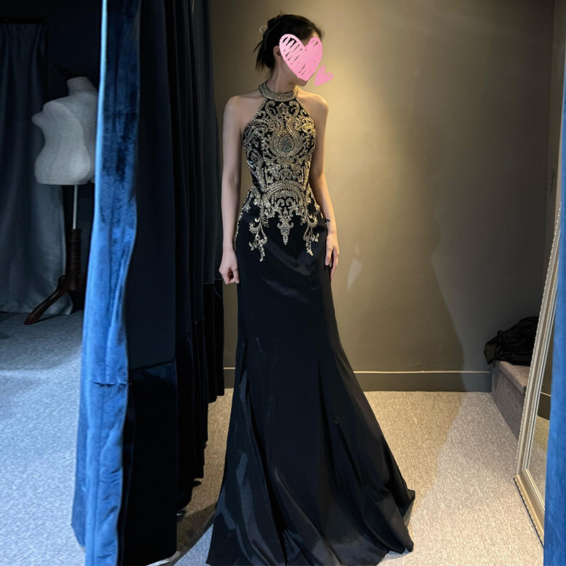 主持人礼服感宴会合唱连衣裙黑色鱼尾挂脖声乐艺考独唱演出服
