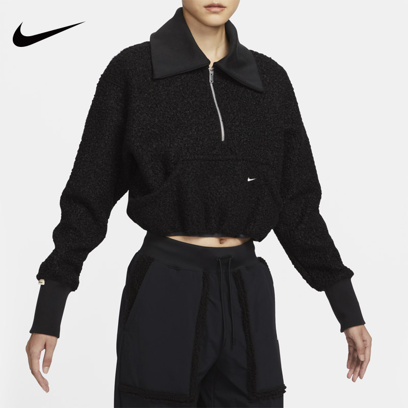 NIKE耐克冬季新款女子运动休闲保暖圈圈绒翻领套头衫上衣FB8786