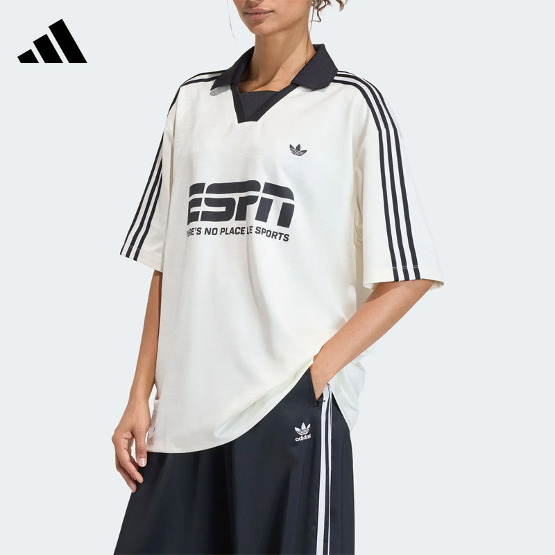 Adidas阿迪达斯三叶草女宽松翻领短袖上衣舒适运动T恤半袖KD2966