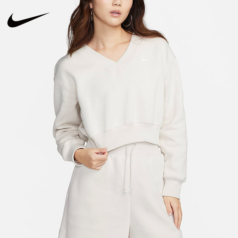 NIKE耐克2024春季新款女子卫衣运动休闲V领时尚加绒套头衫FN3652