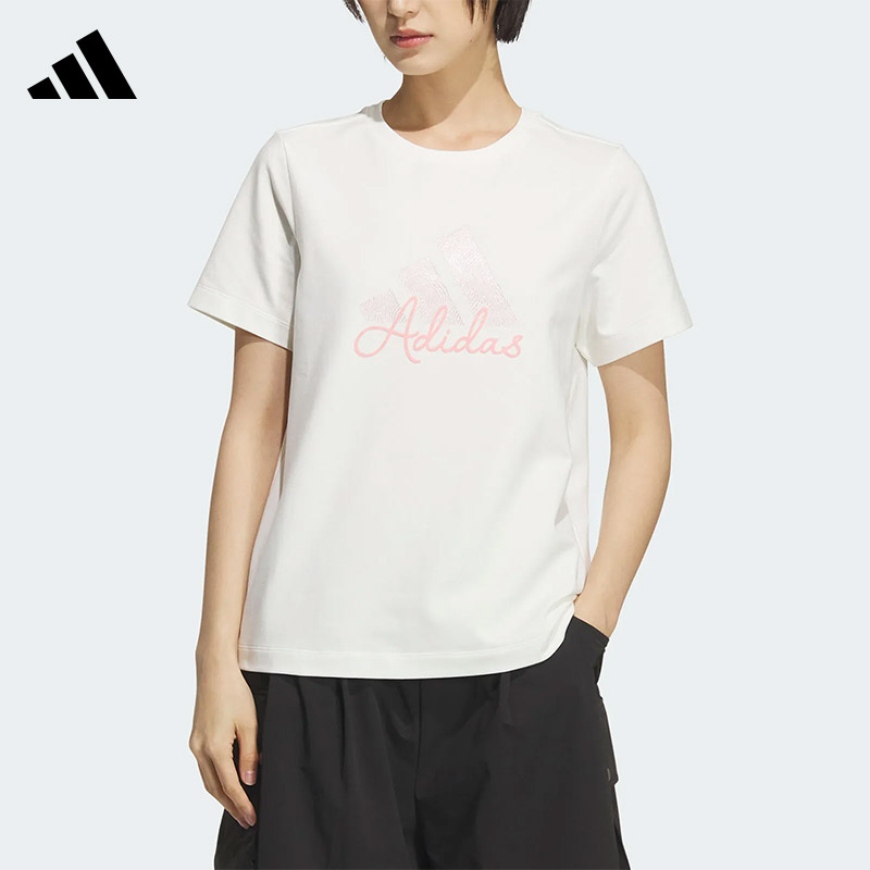 Adidas阿迪达斯白色T恤女夏季款宽松休闲上衣圆领运动短袖KF2677