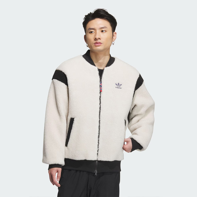 阿迪达斯三叶草男子新年款两面穿羊羔绒夹克运动服保暖外套IX4214