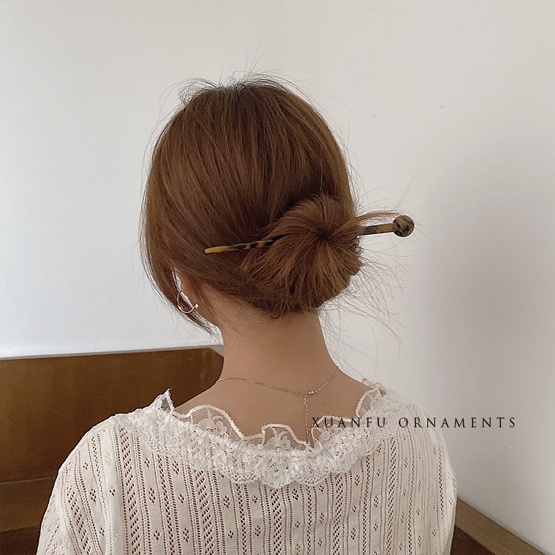 古风头饰韩国简约醋酸盘头发簪汉服簪子豹纹玳瑁色一字簪素簪发钗