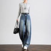 高个子遮胯镰刀裤 2026春夏 女加长阔腿裤 高腰弯刀牛仔裤 100%棉