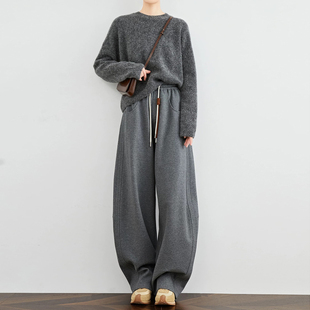 宽松加厚阔腿裤 加绒运动裤 镰刀卫裤 灰色休闲弯刀裤 女冬季